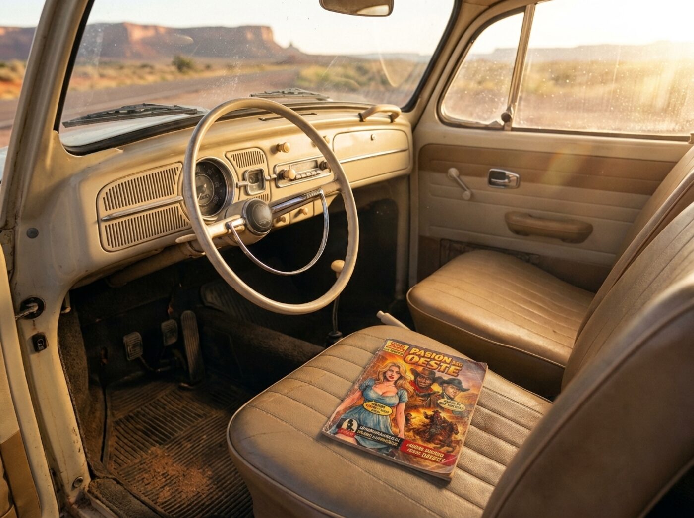 El cómic sobre el asiento de un coche clásico en pleno desierto.